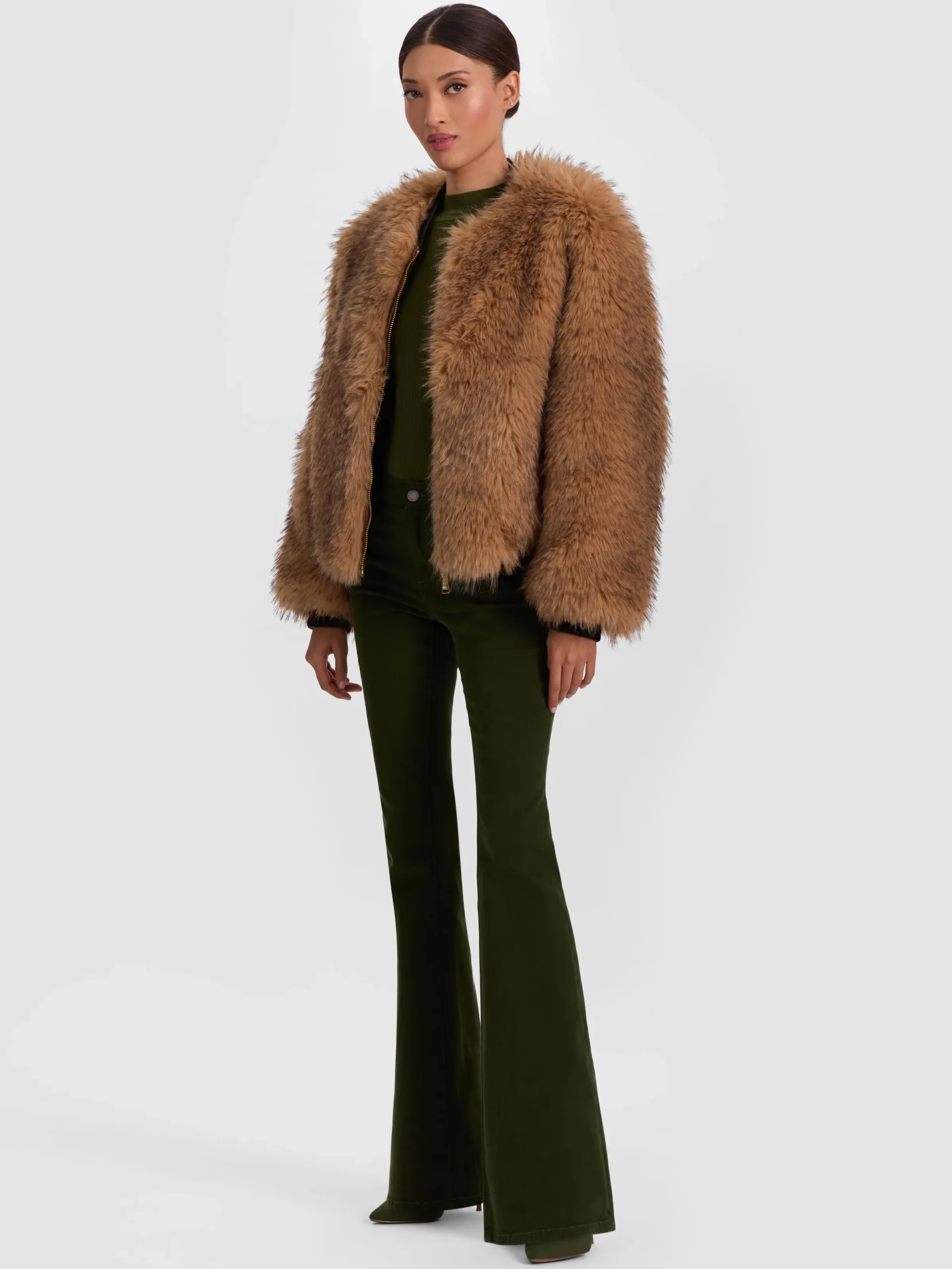 Alice and Olivia VEGAN*BECKY REVERSIBLE FAUX FUR BOMBER JACKET ECRU