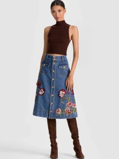 Alice and Olivia MIDI*DAHLIA EMBROIDERED DENIM SKIRT