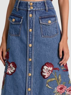 Alice and Olivia MIDI*DAHLIA EMBROIDERED DENIM SKIRT