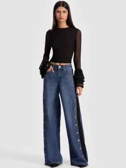 Alice and Olivia CROP TOPS*DELAINA TOP WITH RUFFLE CUFF BLACK