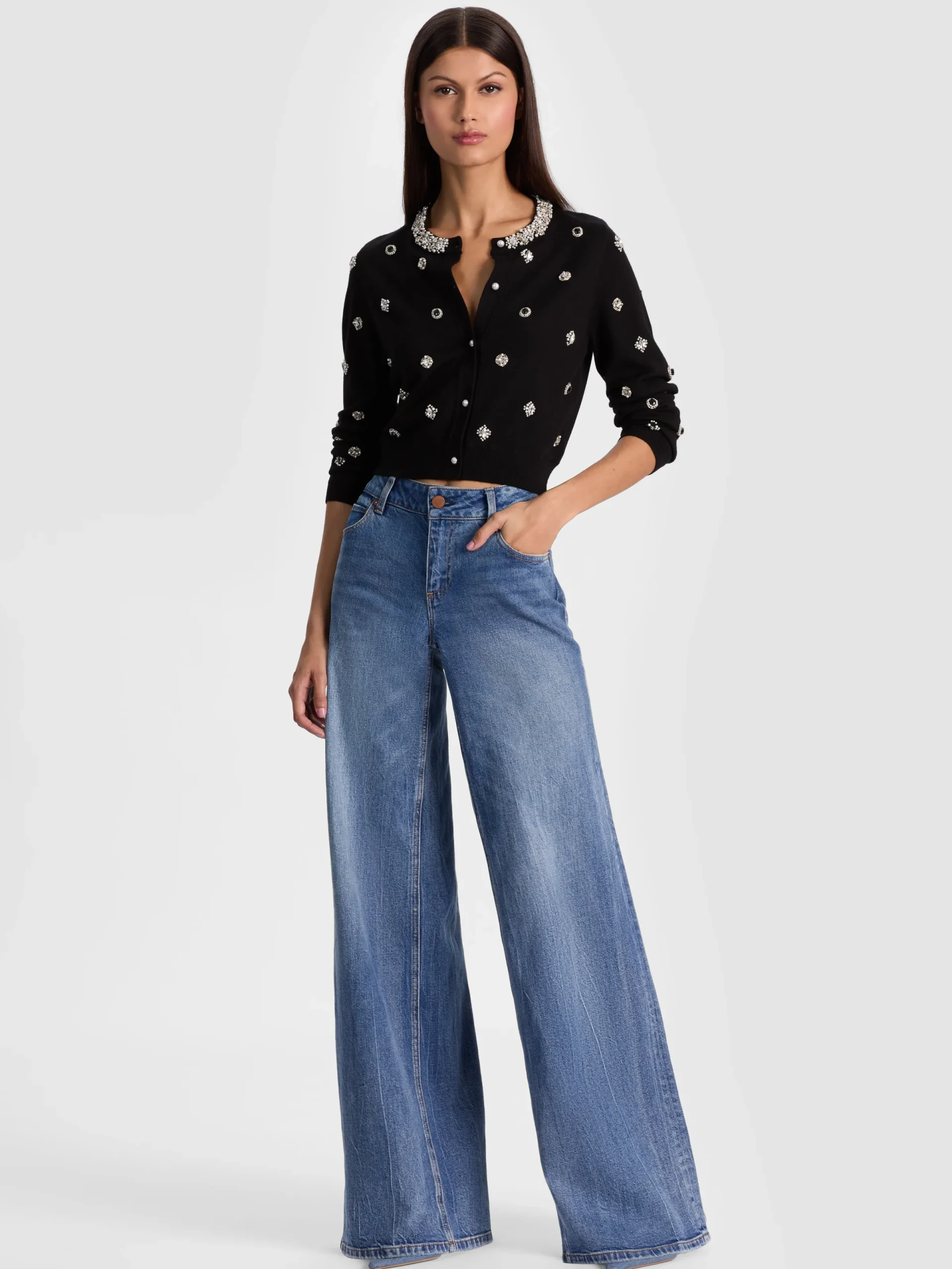 Alice and Olivia CARDIGANS*DOLLIE EMBELLISHED CARDIGAN GREY MINERAL