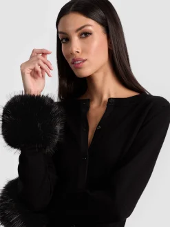 Alice and Olivia CARDIGANS*DOLLIE FAUX FUR CUFF CARDIGAN BLACK