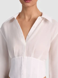 Alice and Olivia CROP TOPS*EDIE SEAMED CORSET BUTTON DOWN OFF WHITE