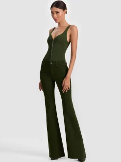 Alice and Olivia BODYSUITS*EVE ZIP FRONT BODYSUIT DARK OLIVE
