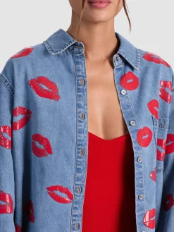 Alice and Olivia ANDREW PANT|JADE MESH BUTTON DOWN*FINELY OVERSIZED BUTTON DOWN DARK OLIVE