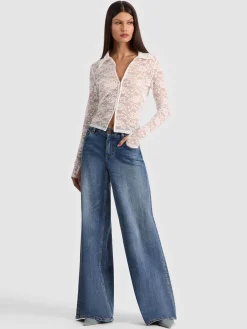 Alice and Olivia CROP TOPS*KARA LACE BUTTON DOWN GREY MINERAL