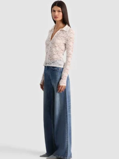 Alice and Olivia CROP TOPS*KARA LACE BUTTON DOWN GREY MINERAL