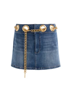 Alice and Olivia MINI*MORGANA CHAIN BELT DENIM MINI SKIRT SOFT WHITE