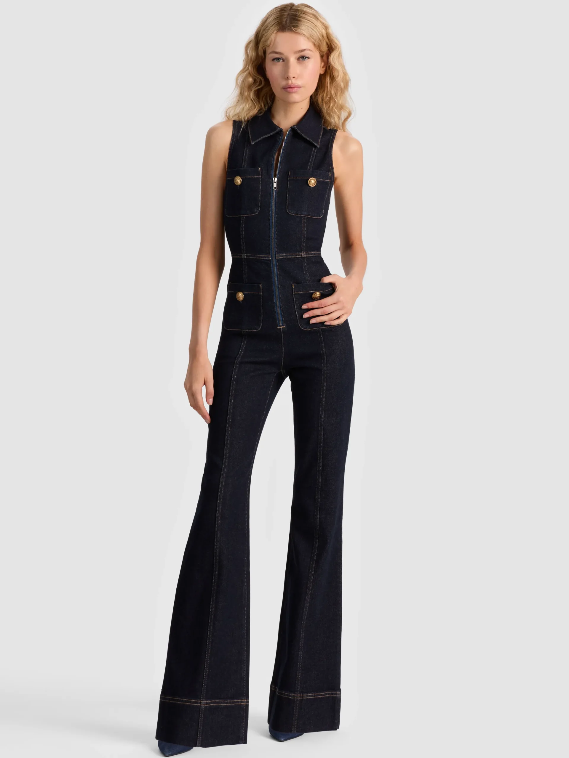 Alice and Olivia JUMPSUITS + ROMPERS*RACHEL SLEEVELESS DENIM JUMPSUIT