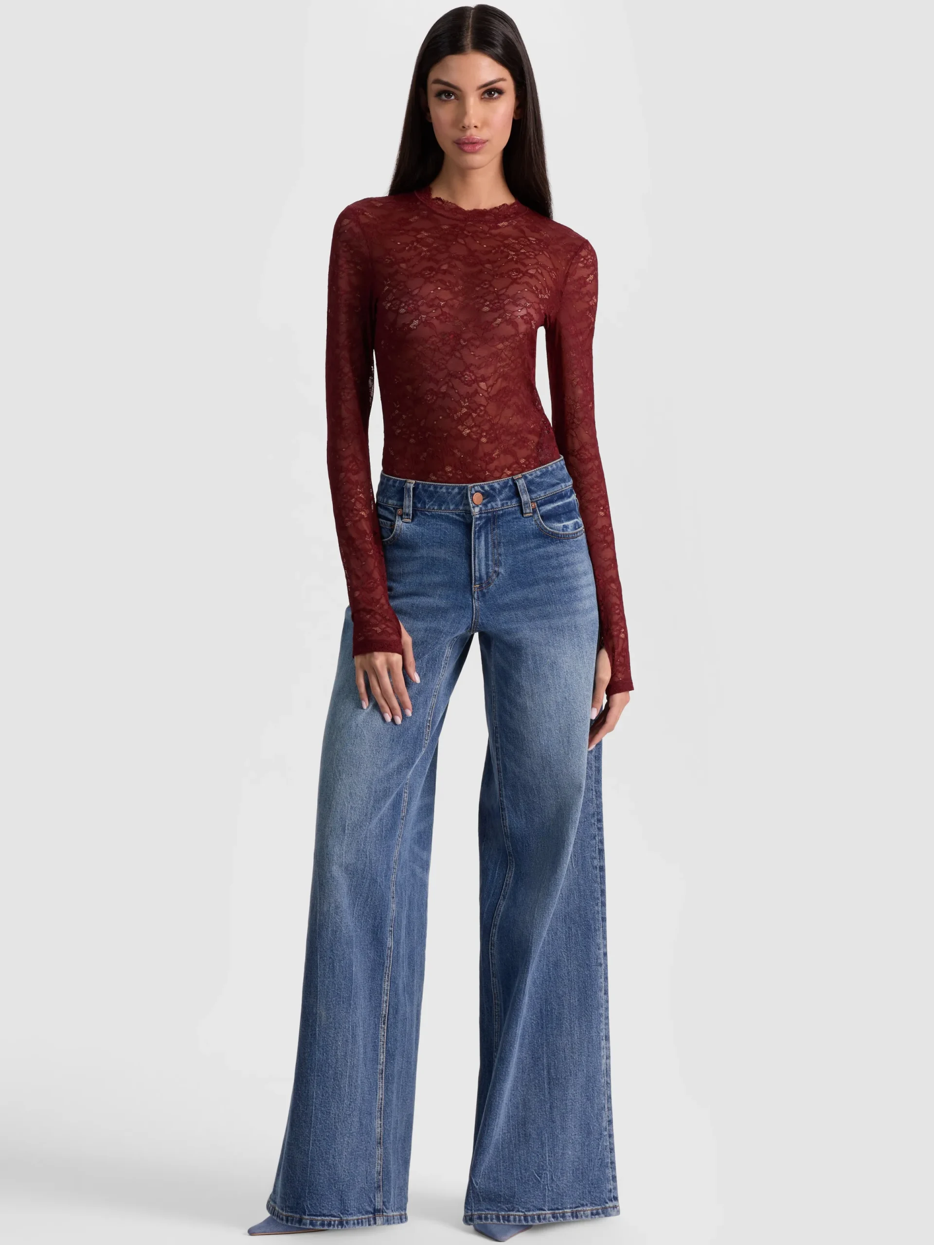 Alice and Olivia BODYSUITS*TAEYN LACE BODYSUIT GREY MINERAL