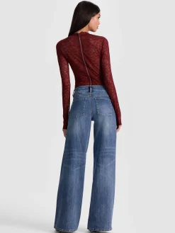 Alice and Olivia BODYSUITS*TAEYN LACE BODYSUIT GREY MINERAL