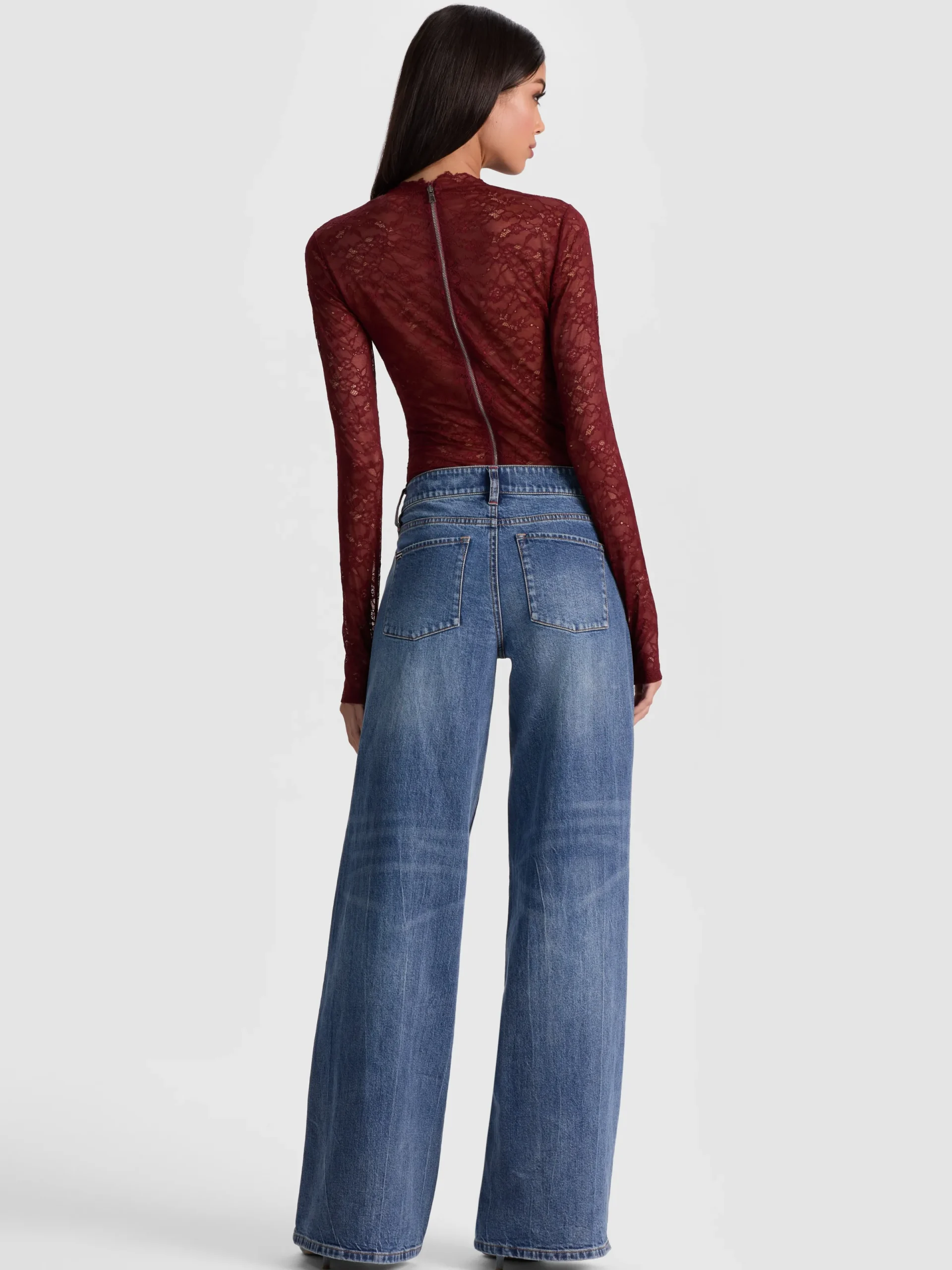 Alice and Olivia BODYSUITS*TAEYN LACE BODYSUIT GREY MINERAL