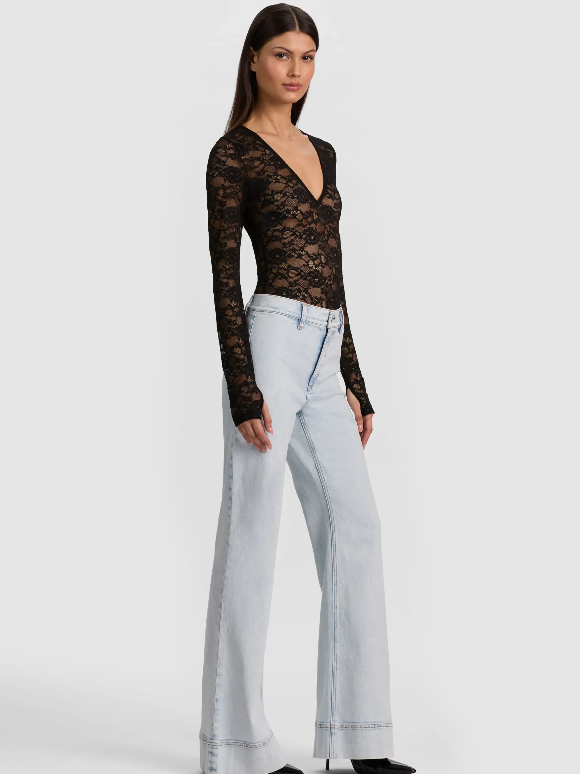Alice and Olivia BODYSUITS*TEAGAN LACE BODYSUIT LATTE